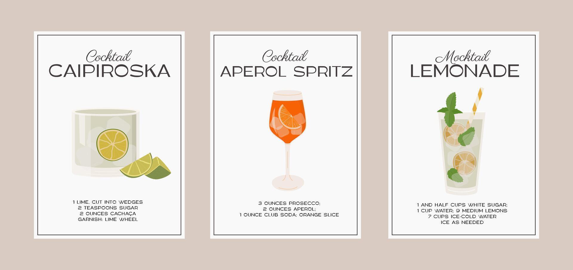 Caipiroska, aperol spritz cocktail e limonata mocktail. classico alcool bevanda ricetta con ingrediente. moderno di moda grafico Stampa. minimalista semplice manifesto impostare. vettore illustrazione.