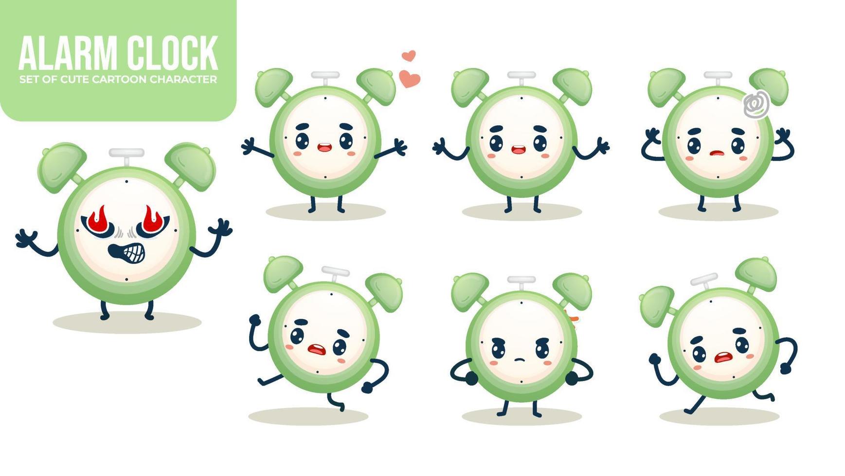 set di simpatico personaggio dei cartoni animati sveglia con diverse pose premium vector