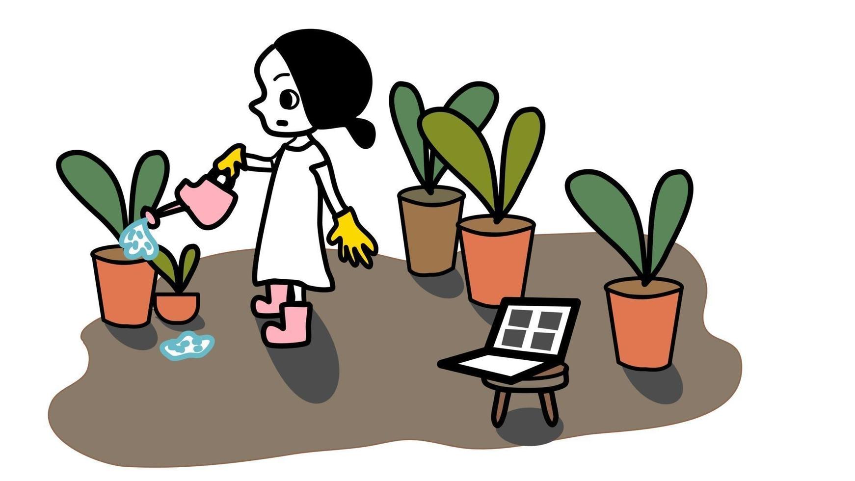 lavoro di giardinaggio da casa e piantare vettore di cartoni animati disegnati a mano online
