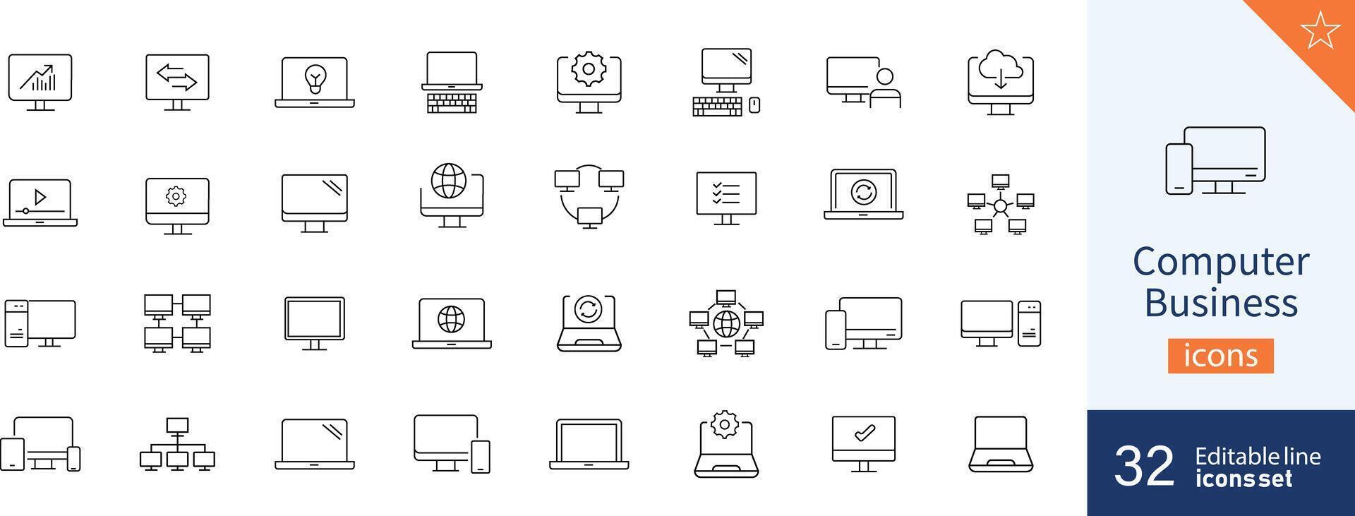 impostato di 32 computer attività commerciale ragnatela icone nel linea stile. computer, Telefono, tecnologia, tenere sotto controllo, Rete. vettore illustrazione.