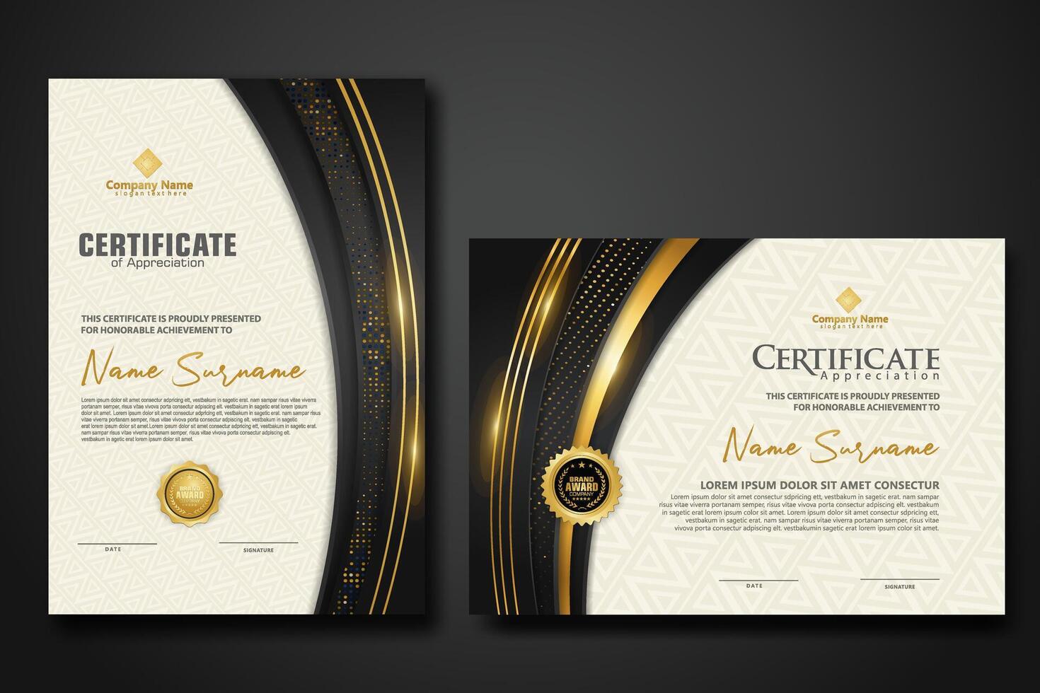 lusso certificato modello con luccichio effetto dan Linee oro brillare su telaio sfondo vettore