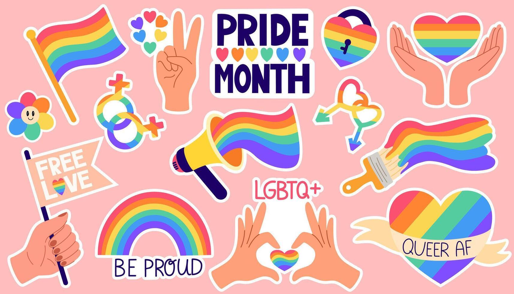 lgbt etichetta imballare su rosa sfondo. LGBTQ impostare. simbolo di il lgbt orgoglio Comunità. arcobaleno elementi. mano disegnare illustrazione vettore