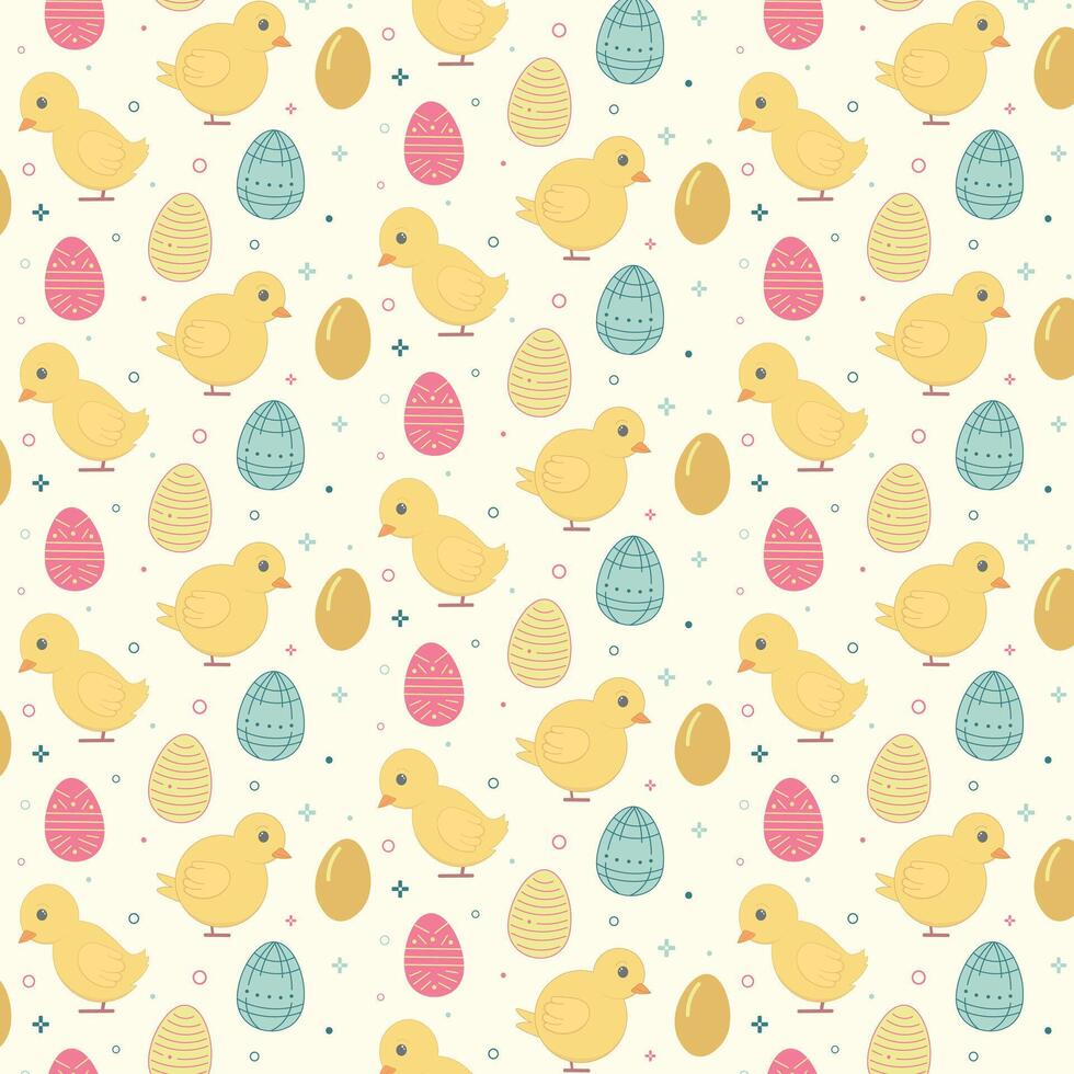 colorato modello con giallo pulcini e un assortimento di Pasqua uova. il uova siamo decorato con strisce, punti, e vario modelli nel tonalità di rosa, blu, e giallo vettore