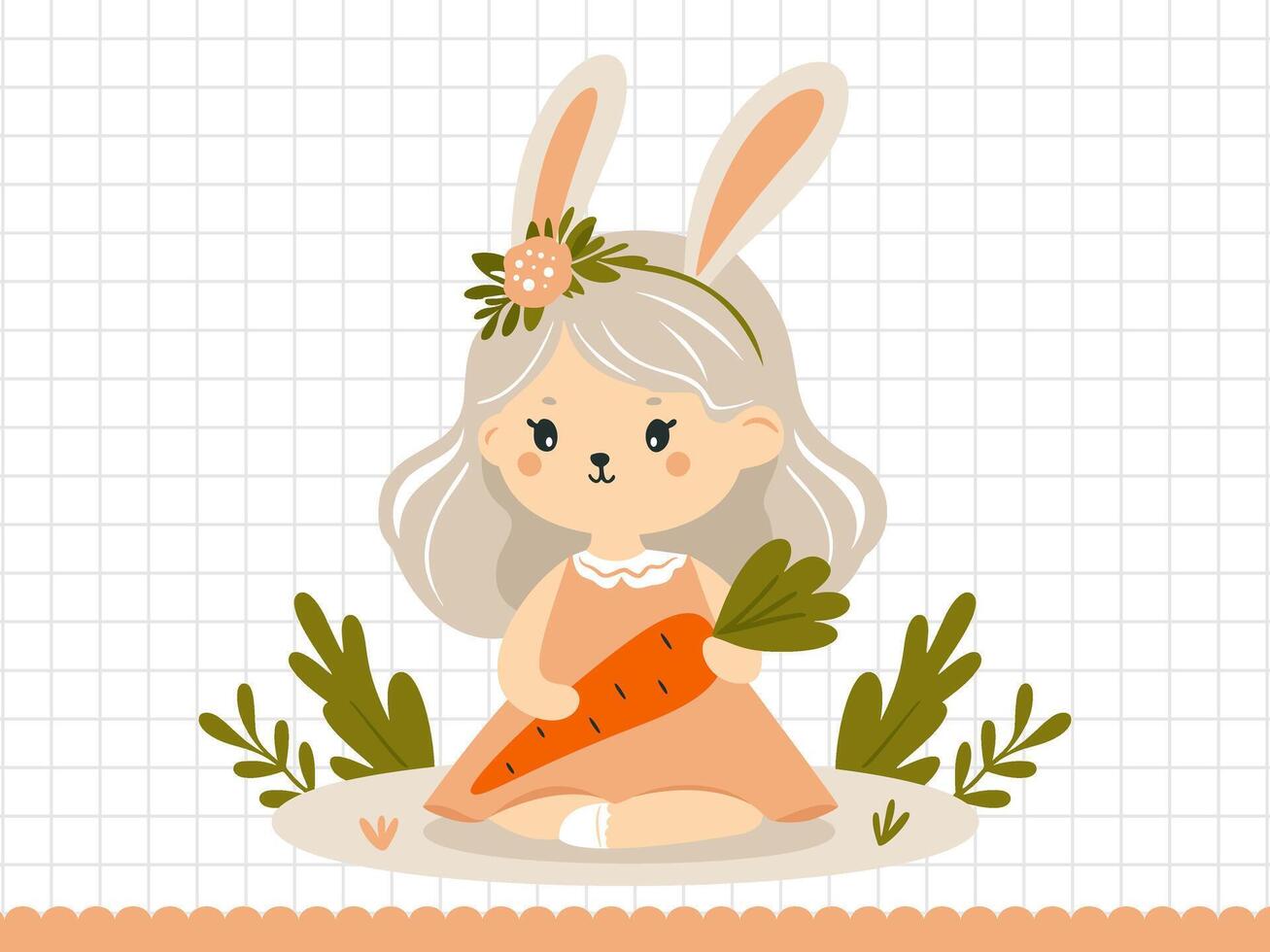 ragazza coniglio con carota. poco coniglietto nel cartone animato stile. illustrazione. vettore