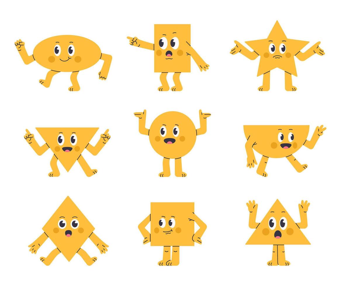 geometrico figure con divertente facce. divertente comico geometrico forme, triangolo, stella e cerchio personaggi piatto illustrazione impostare. carino mascotte con vario emozioni vettore