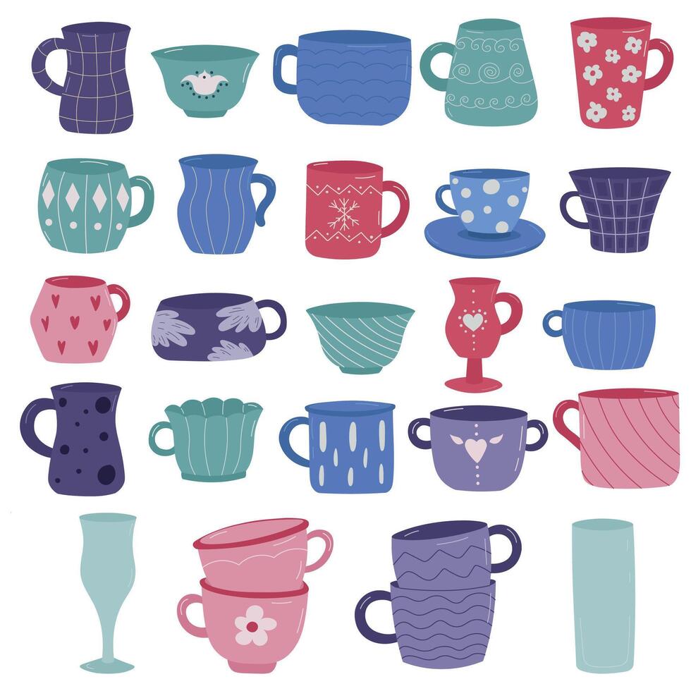 tè caffè tazza impostato illustrazione. cartone animato Vintage ▾ tazza di tè collezione per inglese pomeriggio tè cerimonia festa o colazione, disegnato modello su tazza e boccale vettore