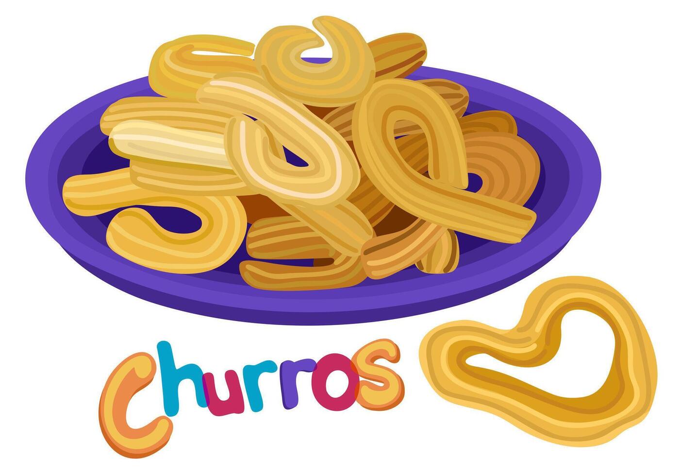 churros servito su piatto. spagnolo tradizionale dolce merenda. isolato illustrazione con lettering vettore