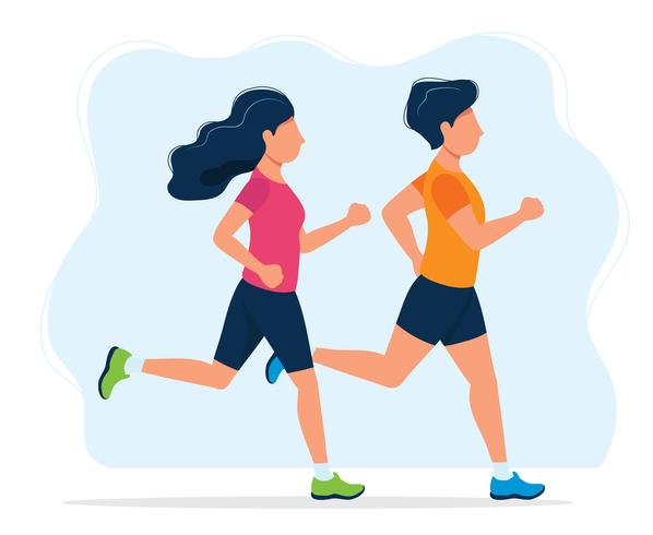 Uomo e donna che corrono. Illustrazione di concetto per uno stile di vita sano, sport, jogging, attività all&#39;aria aperta. Illustrazione vettoriale in stile piatto