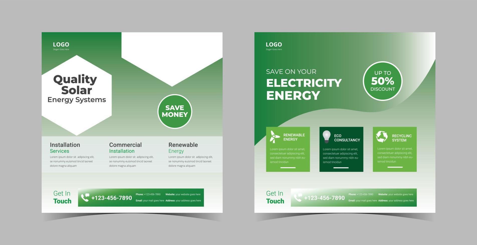 pacchetto di modelli di progettazione di social media a energia solare. go green, risparmia energia, poster design vettore