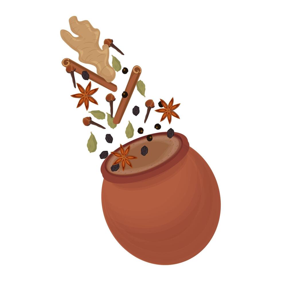 illustrazione logo desi kullad tè con erbe aromatiche vettore