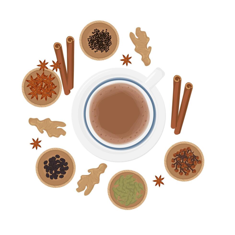 illustrazione logo indiano chai o karak latte chai indiano tè con vario erbe aromatiche vettore