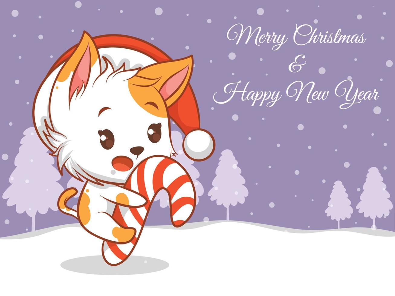 simpatico personaggio dei cartoni animati di gatto con banner di auguri di buon natale e felice anno nuovo. vettore