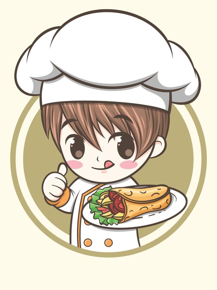simpatico chef ragazzo che tiene una fetta di kebab. concetto di illustrazione del logo di fast food vettore