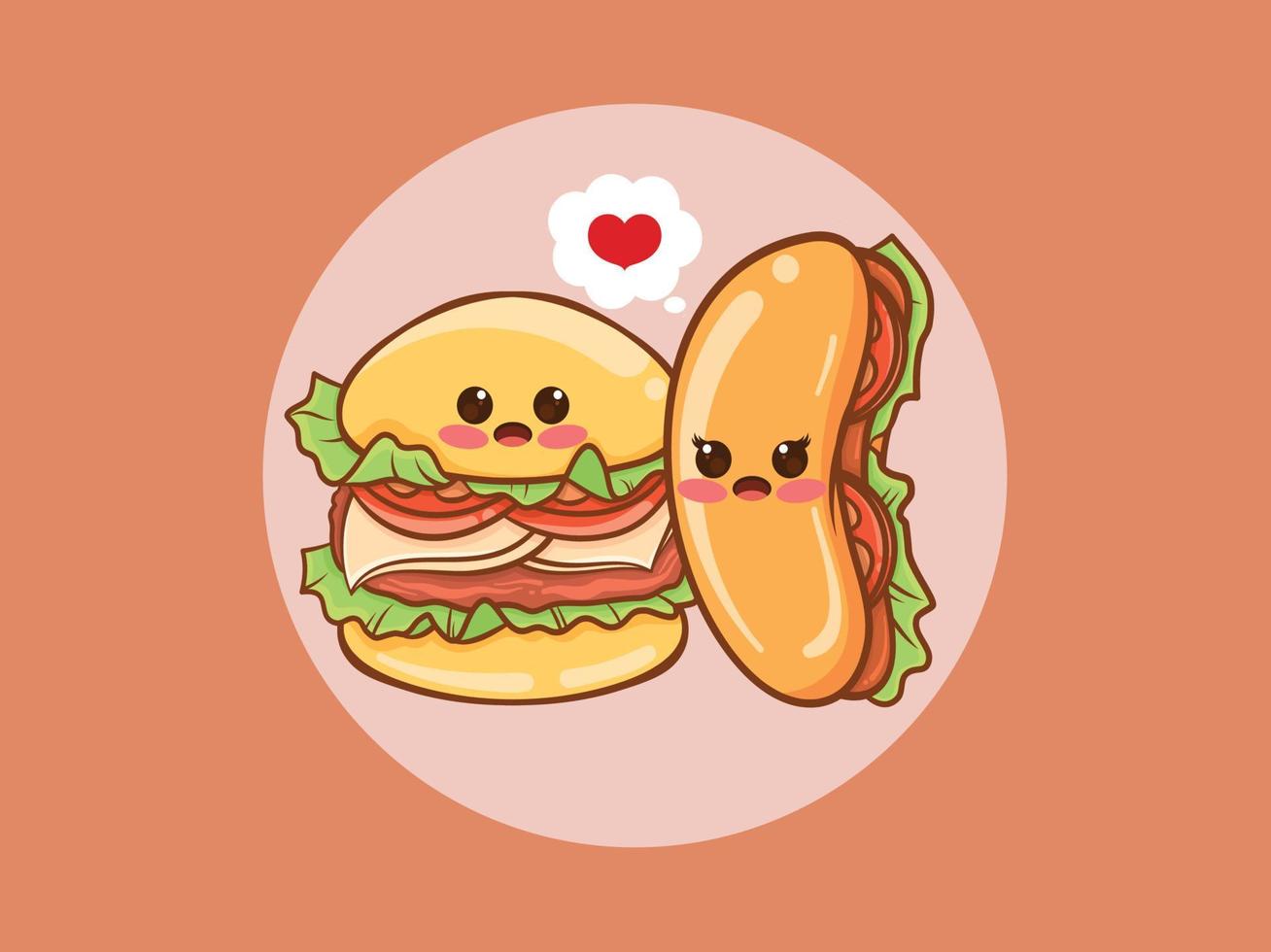 simpatico hamburger e hot dog concetto di coppia. personaggio dei cartoni animati e illustrazione. vettore