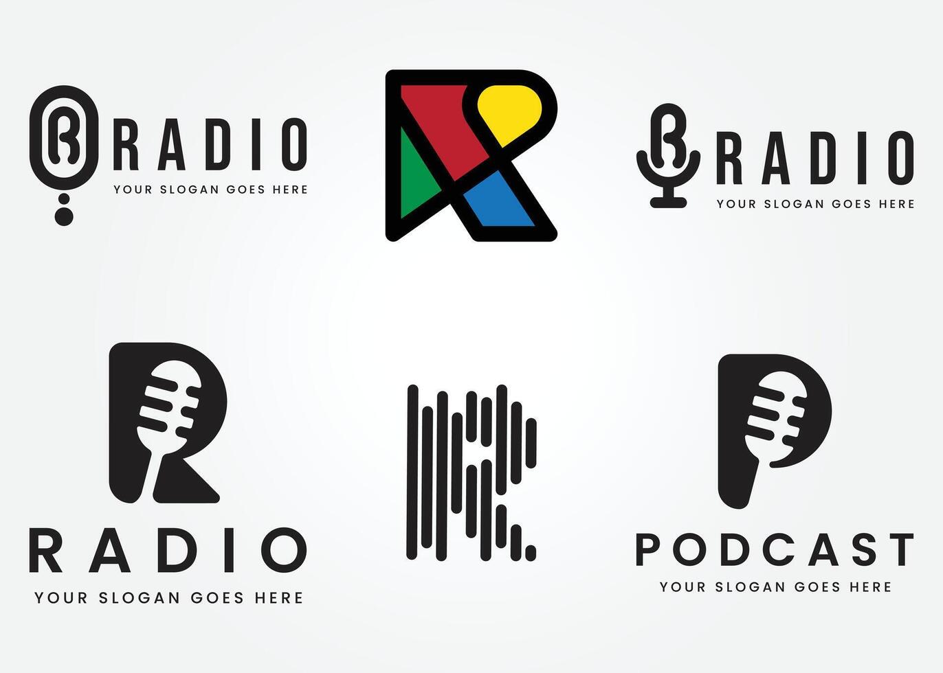 impostato fascio Podcast Radio logo design su lettera r design utilizzando microfono modello illustrazione vettore