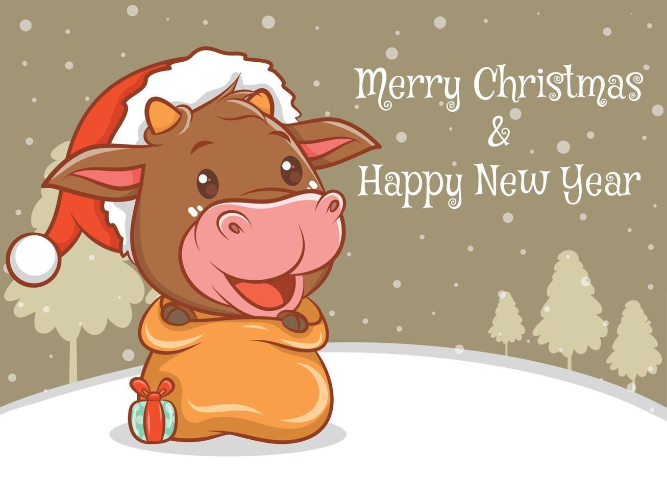 simpatico personaggio dei cartoni animati di mucca con banner di auguri di buon natale e felice anno nuovo. vettore