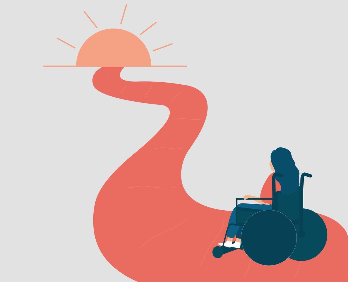 donna con limitato mobilità si siede nel il sedia a rotelle e orologi il Alba. ragazza sfide vita le difficoltà per raggiungere sua sogni, obiettivi. personale crescita e sviluppo concetto. vettore