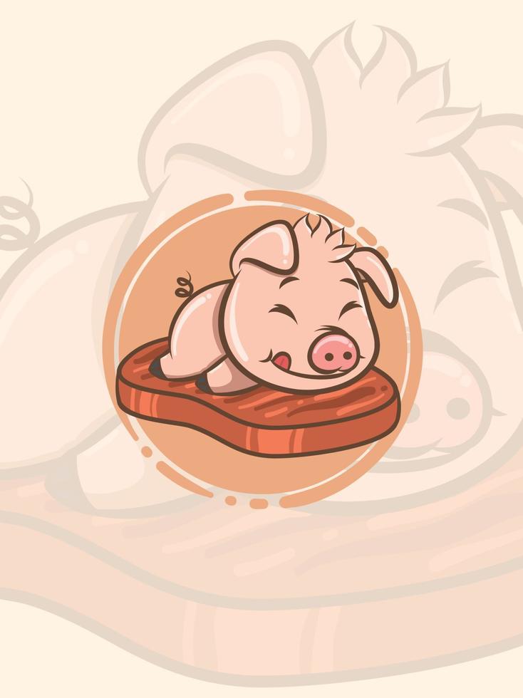 maiale carino su una fetta di maiale alla griglia - mascotte e illustrazione vettore