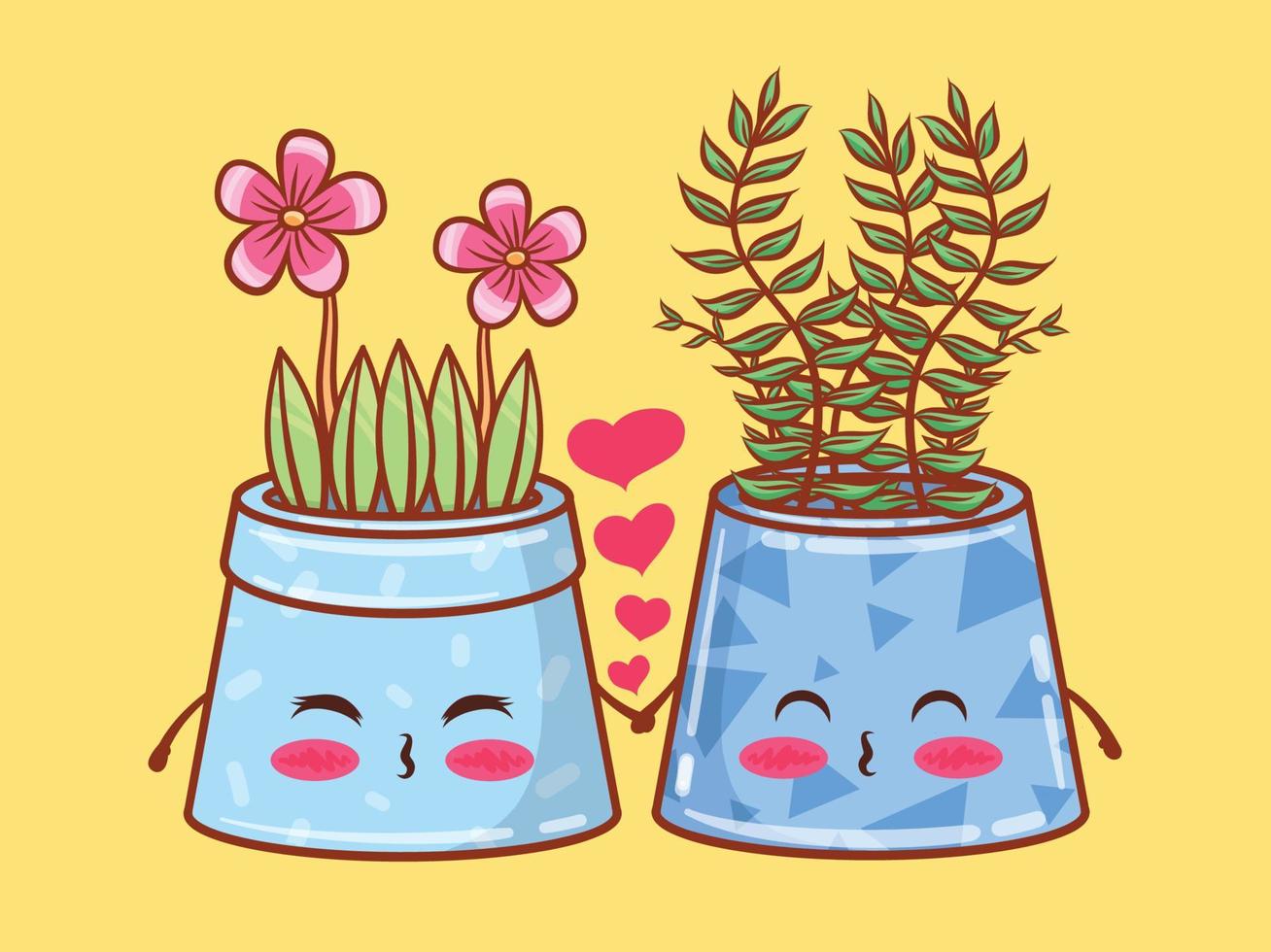 simpatici personaggi e illustrazioni dei cartoni animati in vaso di fiori estivi. concetto di coppia. vettore