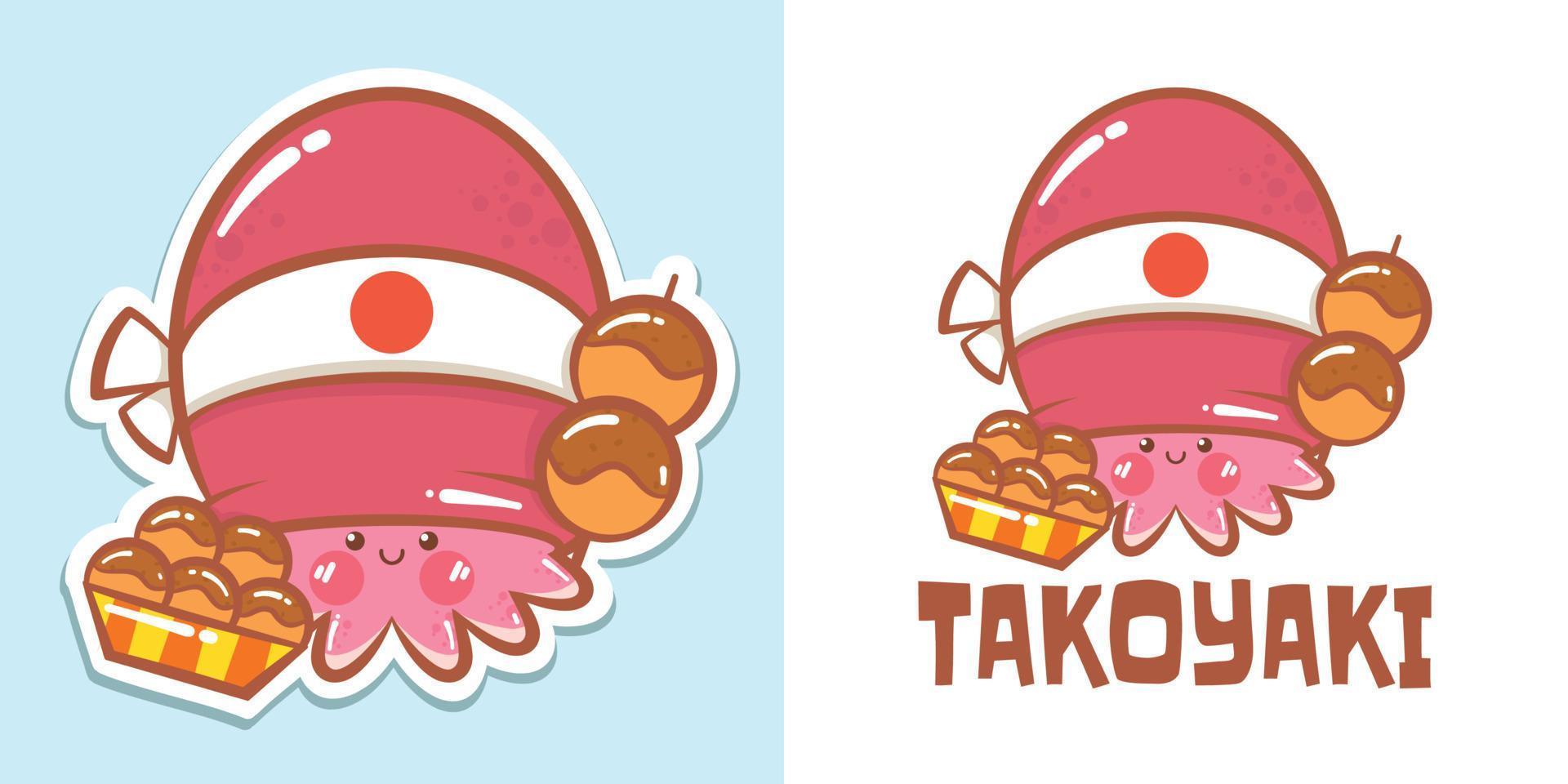 un simpatico personaggio dei cartoni animati di polpo takoyaki logo e illustrazione della mascotte vettore