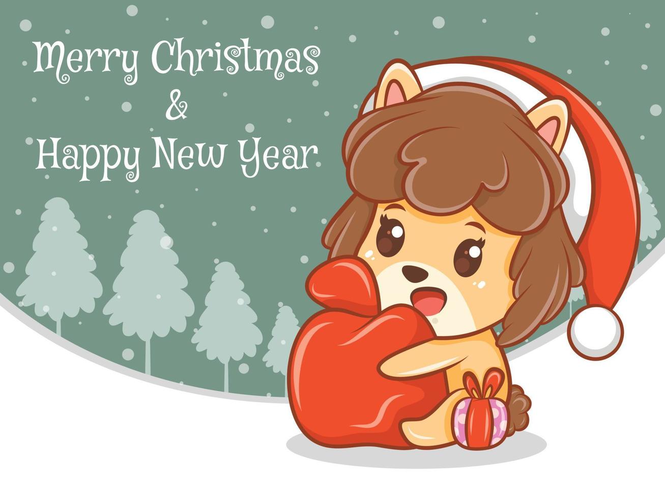 simpatico personaggio dei cartoni animati cucciolo con banner di auguri di buon natale e felice anno nuovo. vettore