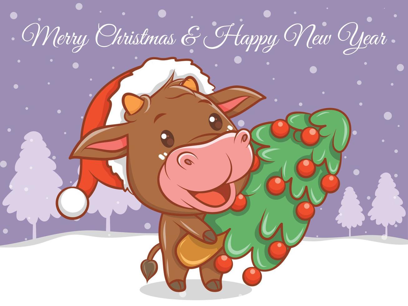 simpatico personaggio dei cartoni animati di mucca con banner di auguri di buon natale e felice anno nuovo. vettore