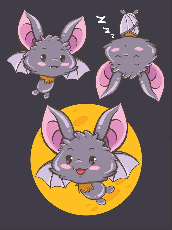 set di illustrazione del personaggio dei cartoni animati di pipistrello carino - buon halloween vettore