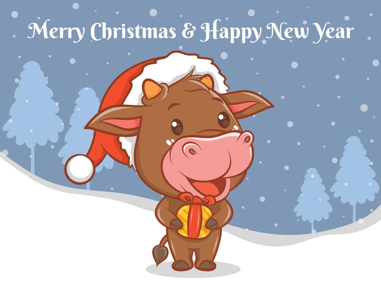 simpatico personaggio dei cartoni animati di mucca con banner di auguri di buon natale e felice anno nuovo. vettore