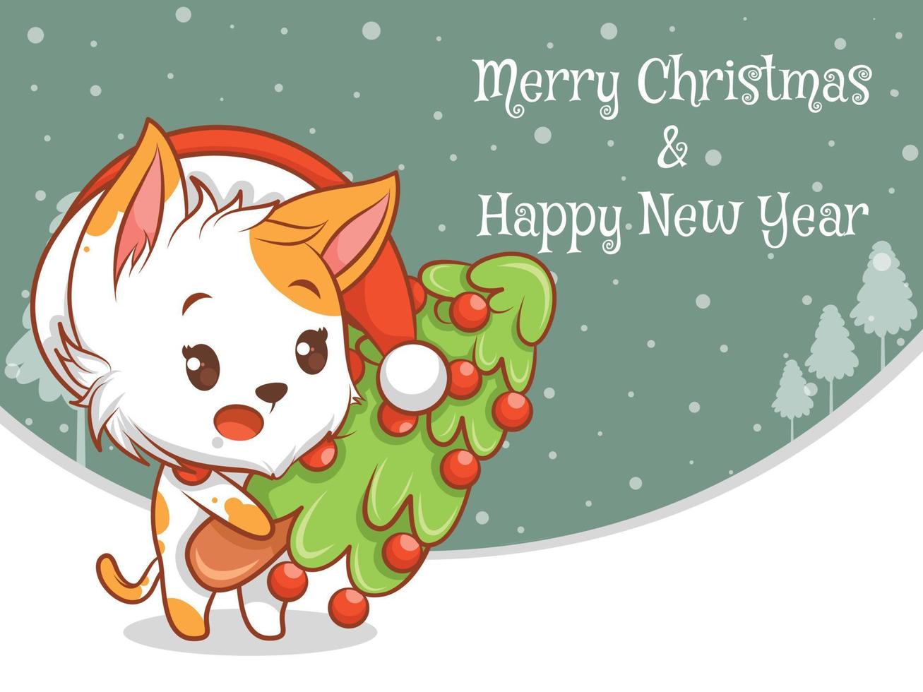 simpatico personaggio dei cartoni animati di gatto con banner di auguri di buon natale e felice anno nuovo. vettore