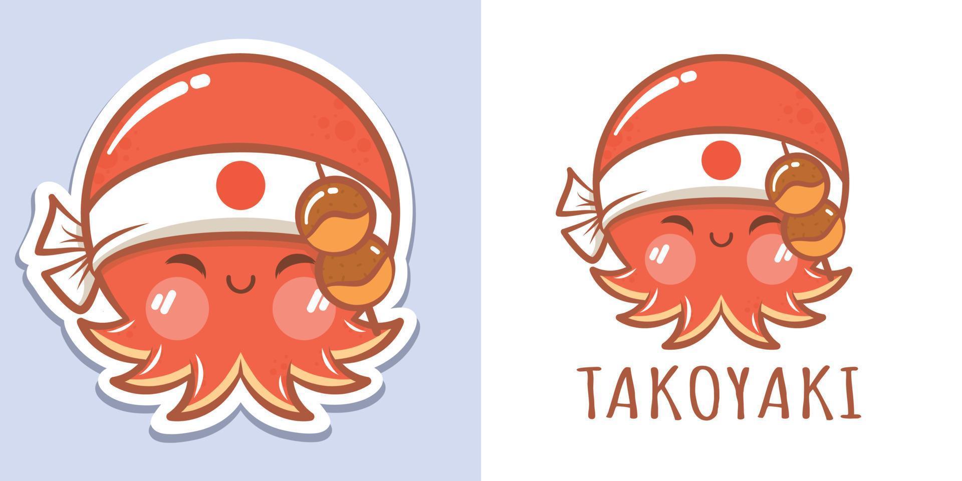 un simpatico personaggio dei cartoni animati di polpo takoyaki logo e illustrazione della mascotte vettore