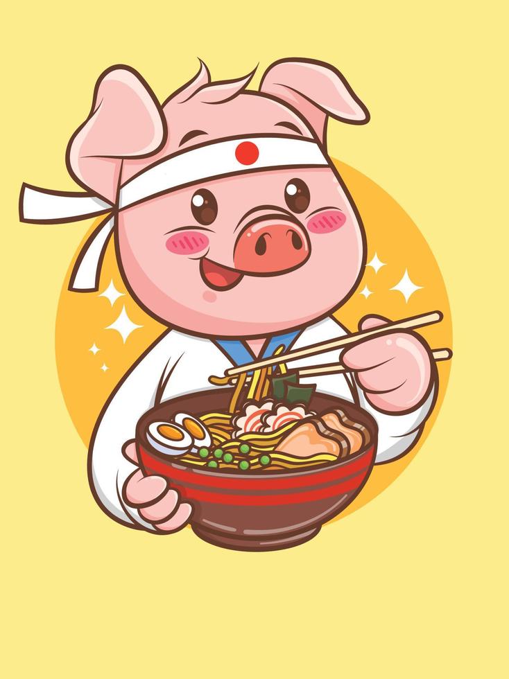 simpatico chef di maiale in possesso di un cibo giapponese ramen. personaggio dei cartoni animati e illustrazione della mascotte. vettore