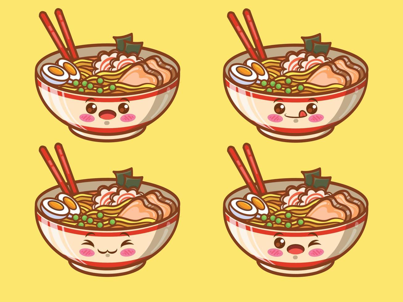 set di cibo giapponese ramen carino. personaggio dei cartoni animati e illustrazione vettore