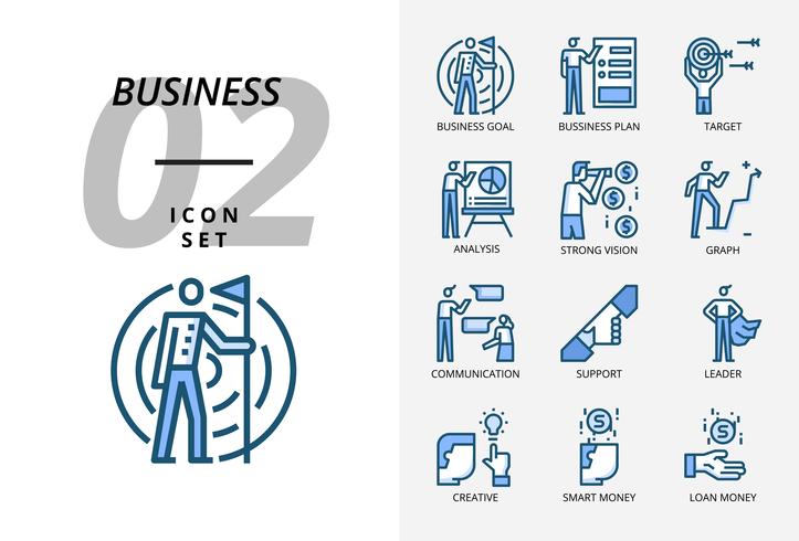 Icon pack per business e strategia, Obiettivo aziendale, piano aziendale, target, analista, visione forte, grafico, comunicazione, supporto, leader, creativo, denaro intelligente, prestito di denaro. vettore
