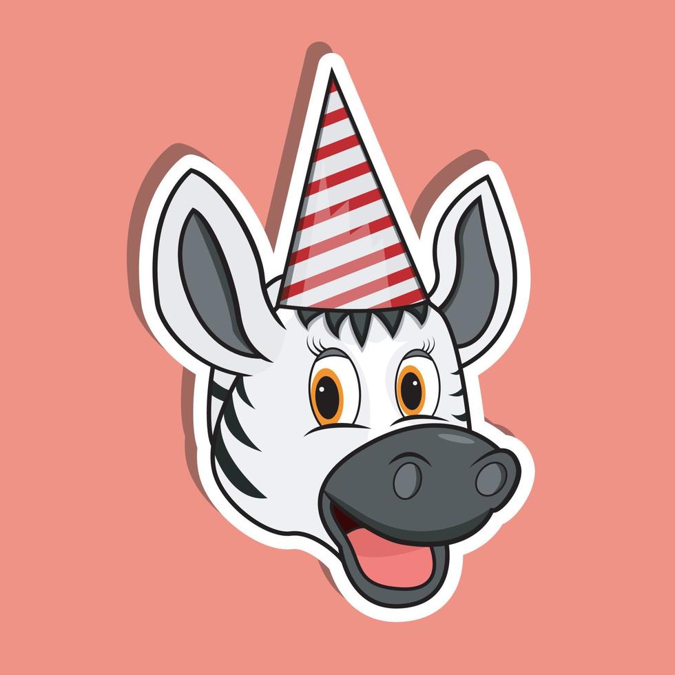 adesivo faccia di animale con zebra che indossa un cappello da festa. design del personaggio. vettore