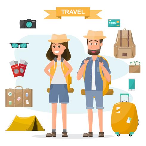 le persone viaggiano coppia con zaino e attrezzatura set andare a viaggiare in vacanza vettore