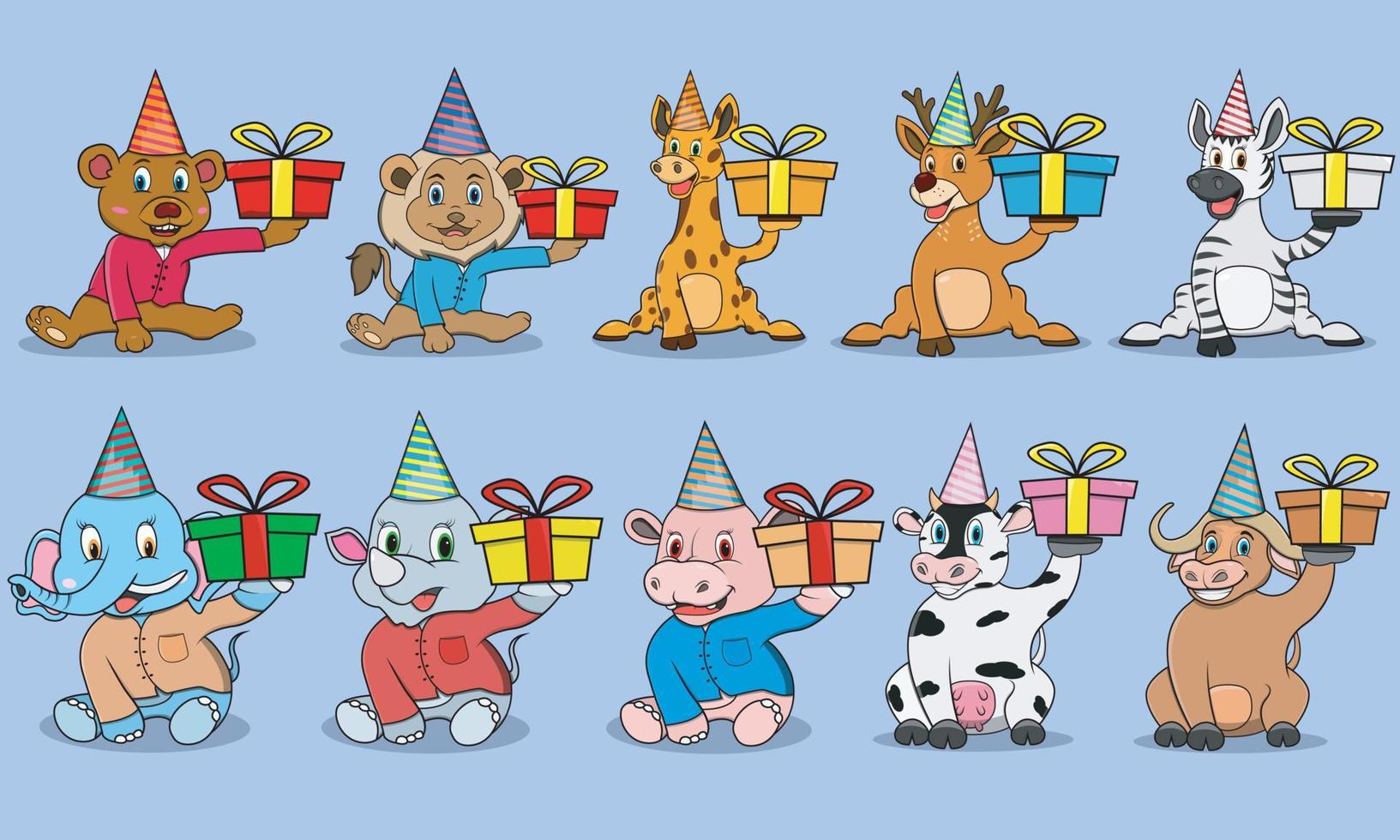 personaggio di dieci animali con porta regalo per la festa vettore