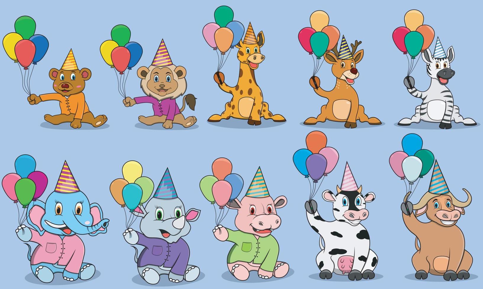 dieci personaggi di animali con palloncini pronti per la festa vettore