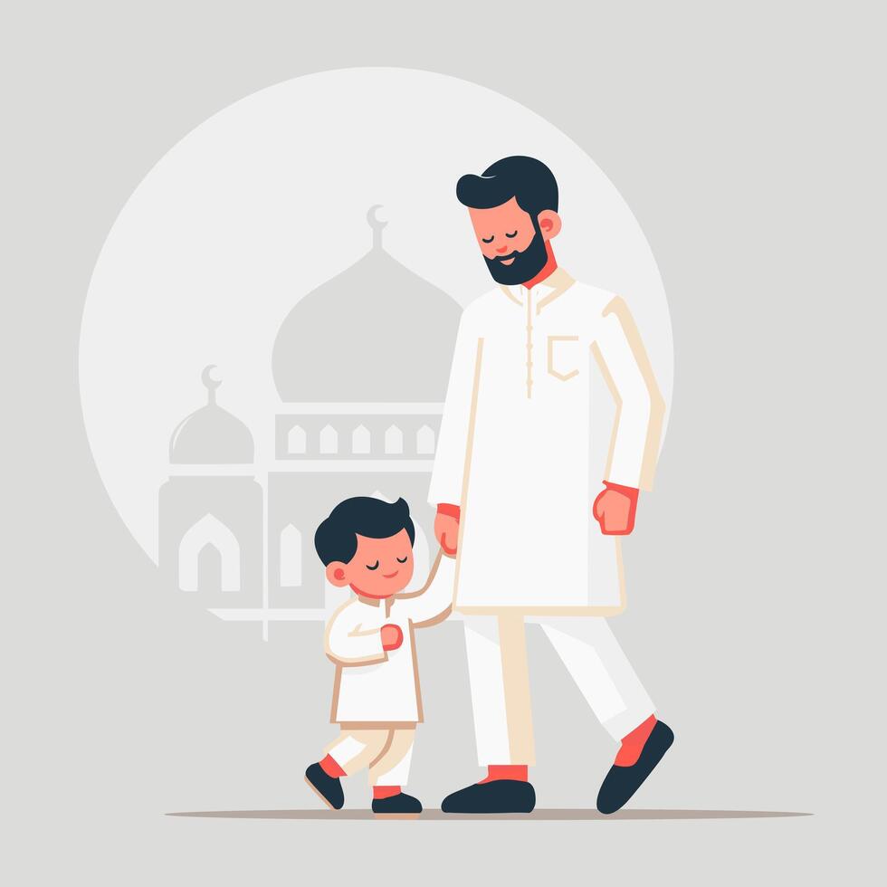un' padre e il suo bambini siamo festeggiare il eid al Fitr Grasso illustrazione con arte vettore