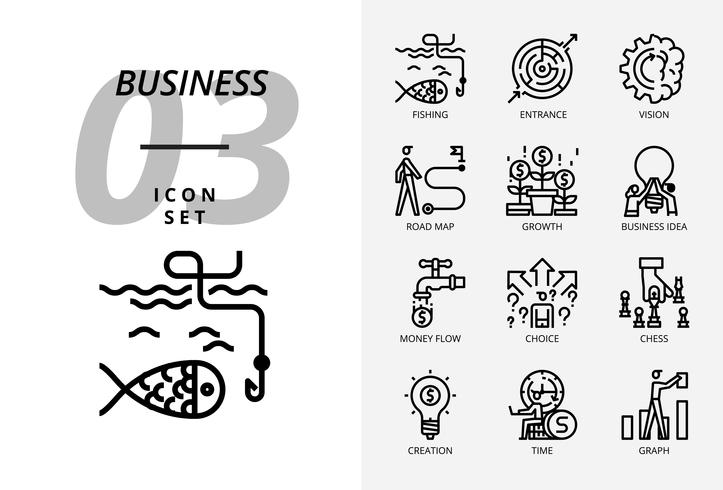 Icon pack per business e strategia, pesca, ingresso, visione, road map, crescita, idea imprenditoriale, flusso di denaro, scelta cessa, tempo di creazione, grafico. vettore