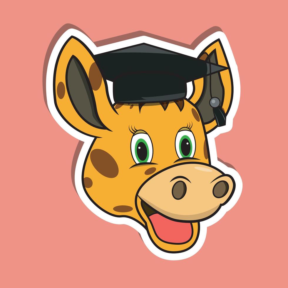 adesivo faccia di animale con giraffa che indossa un cappello da laureato. design del personaggio. vettore