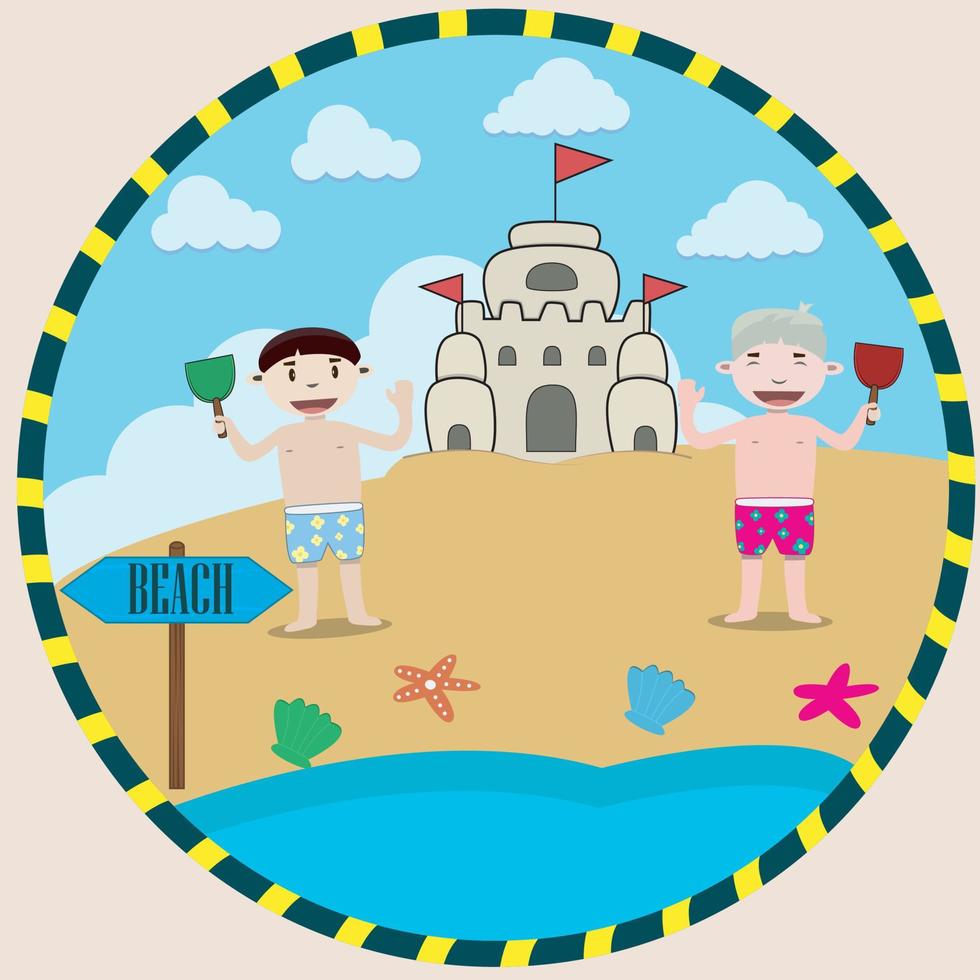 illustrazione vettoriale di due bambini sulla spiaggia