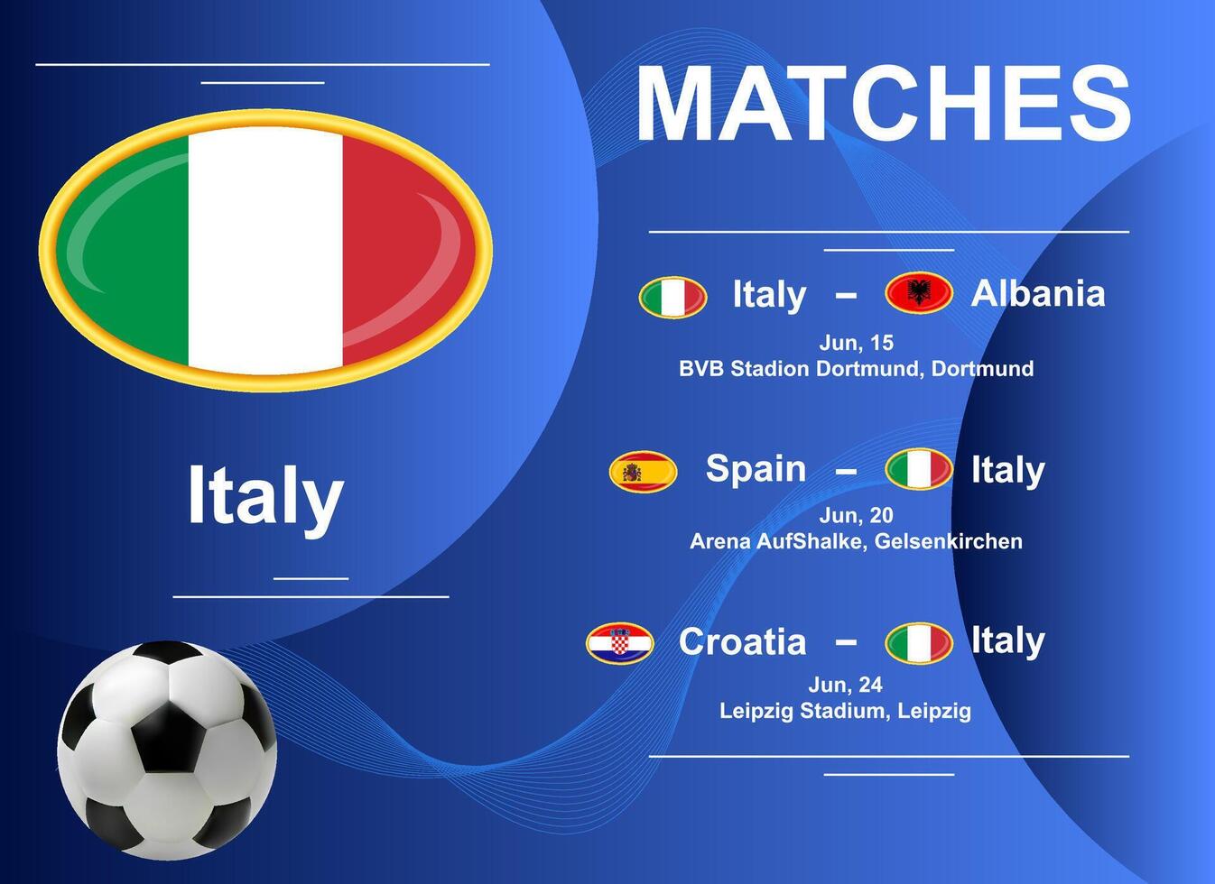 programma di fiammiferi di il italiano nazionale squadra a il finale palcoscenico di il europeo calcio campionato 2024. vettore