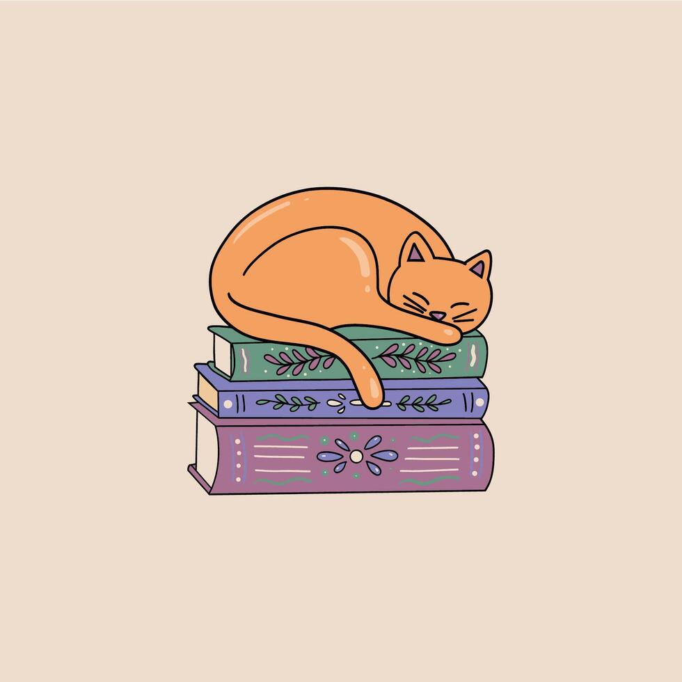 illustrazione di un' gatto addormentato su libri vettore