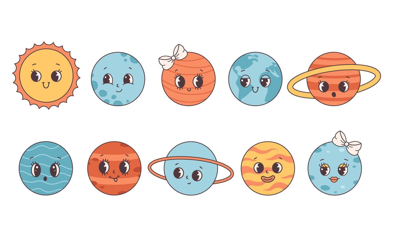 collezione di di moda cartone animato Groovy pianeti nel retrò stile. solare sistema. terra giorno, Salva pianeta vettore