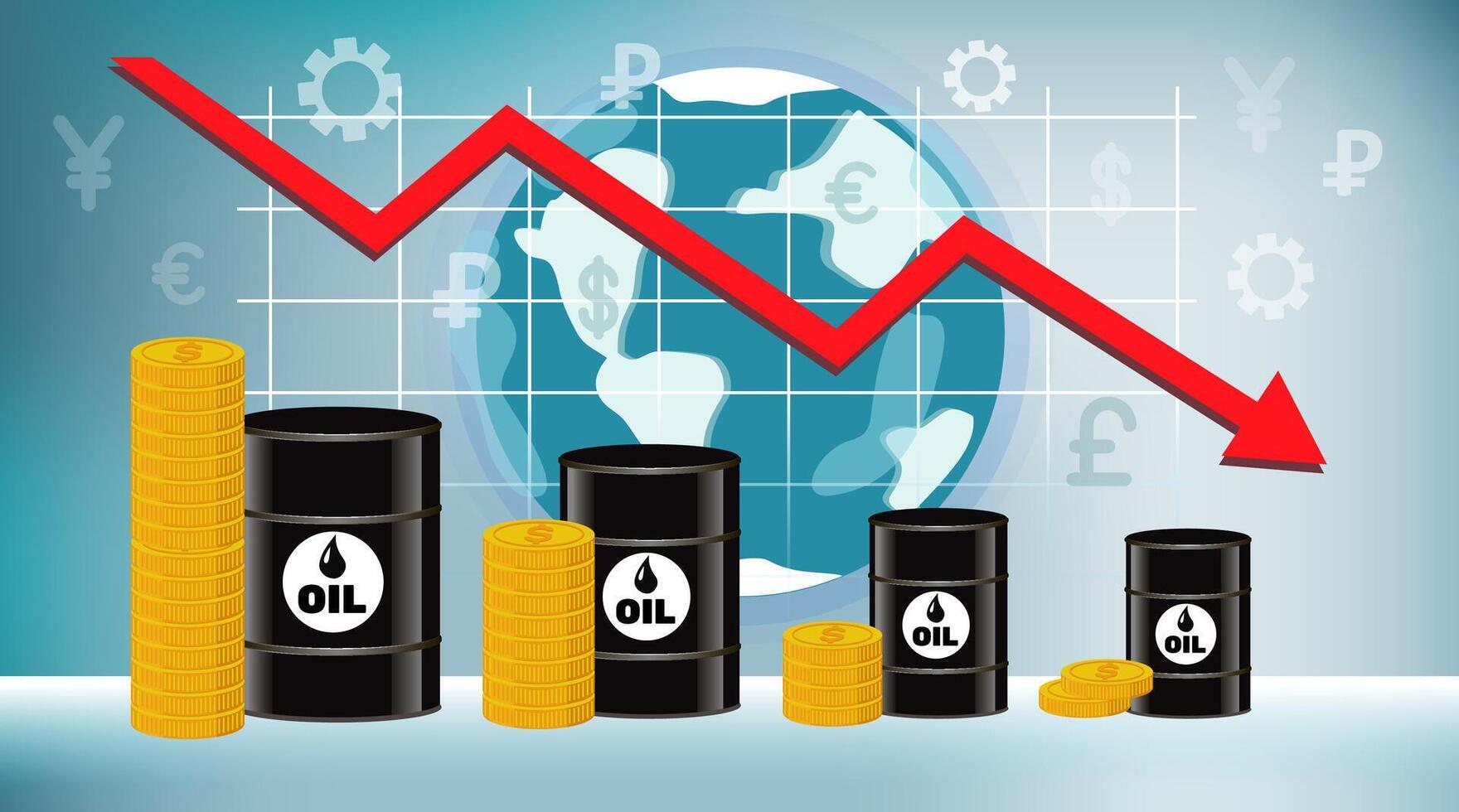il prezzo di olio è cadente. botti di olio, i soldi e infografica contro il sfondo di il globo e mondo valute. illustrazione, concetto su un' blu sfondo. vettore