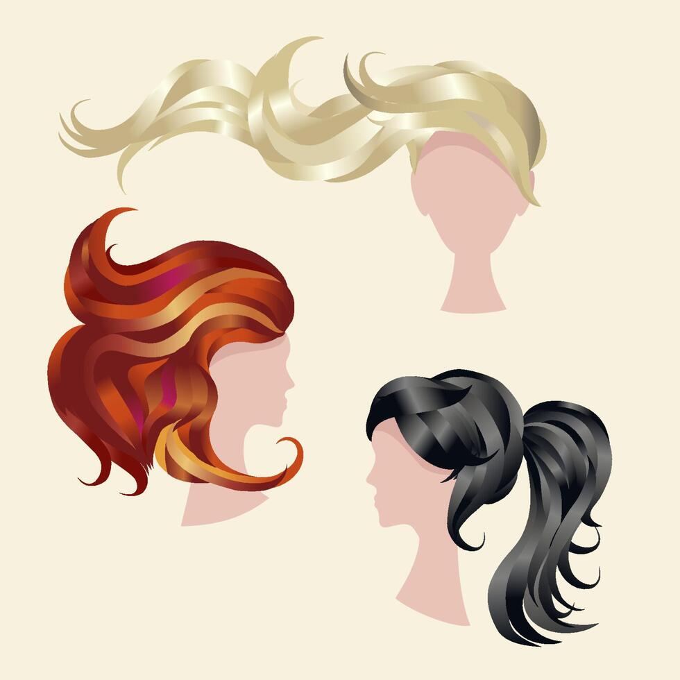 impostato di icone - bellissimo donne con acconciature e diverso capelli colore. capelli colorazione. bellissimo lungo capelli. vettore