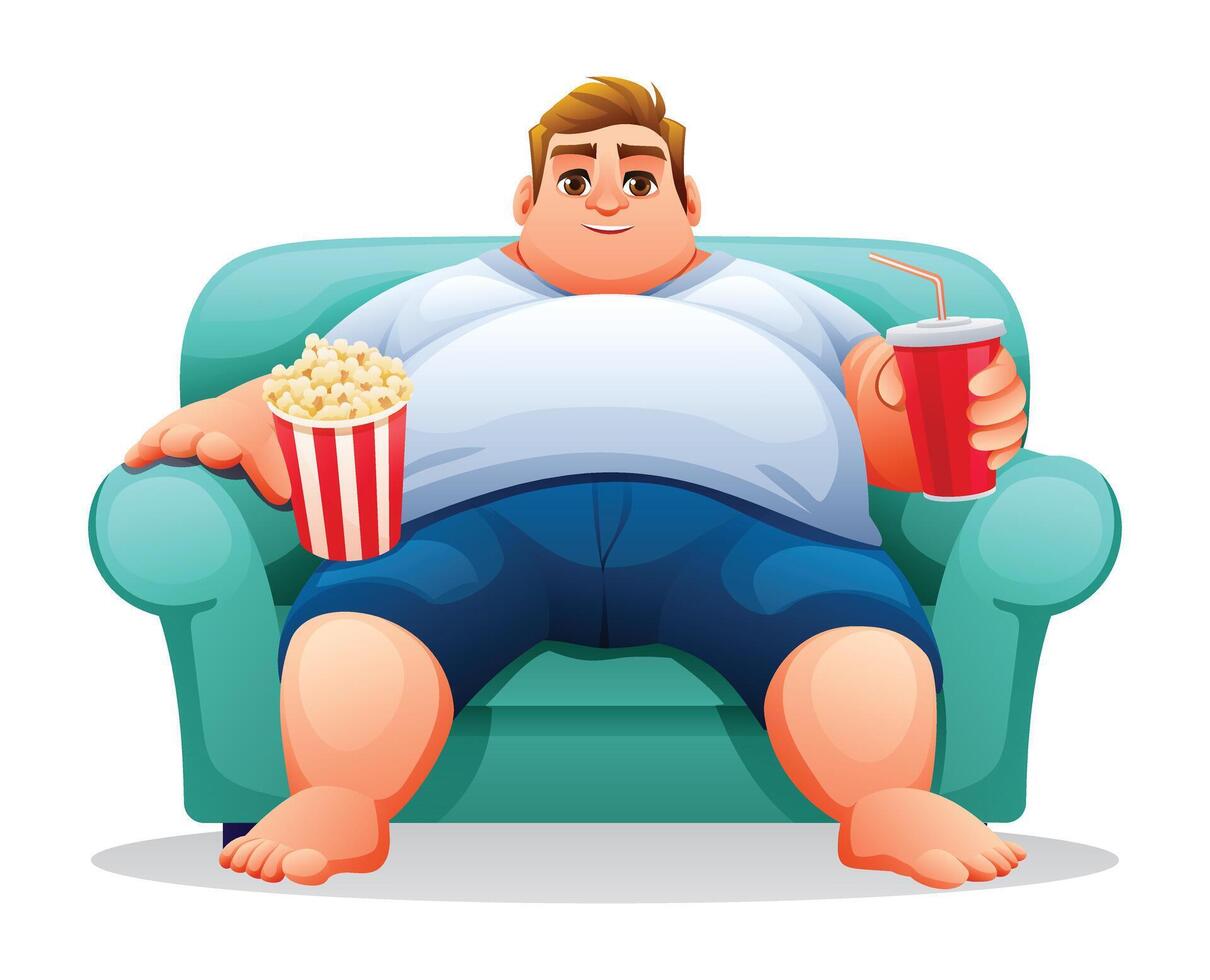 Grasso uomo seduta su il divano con Popcorn e bere. illustrazione isolato su bianca sfondo vettore