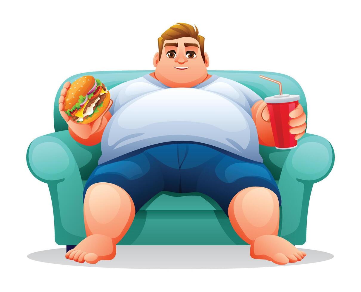 Grasso uomo seduta su il divano mentre Tenere hamburger e bere. illustrazione isolato su bianca sfondo vettore