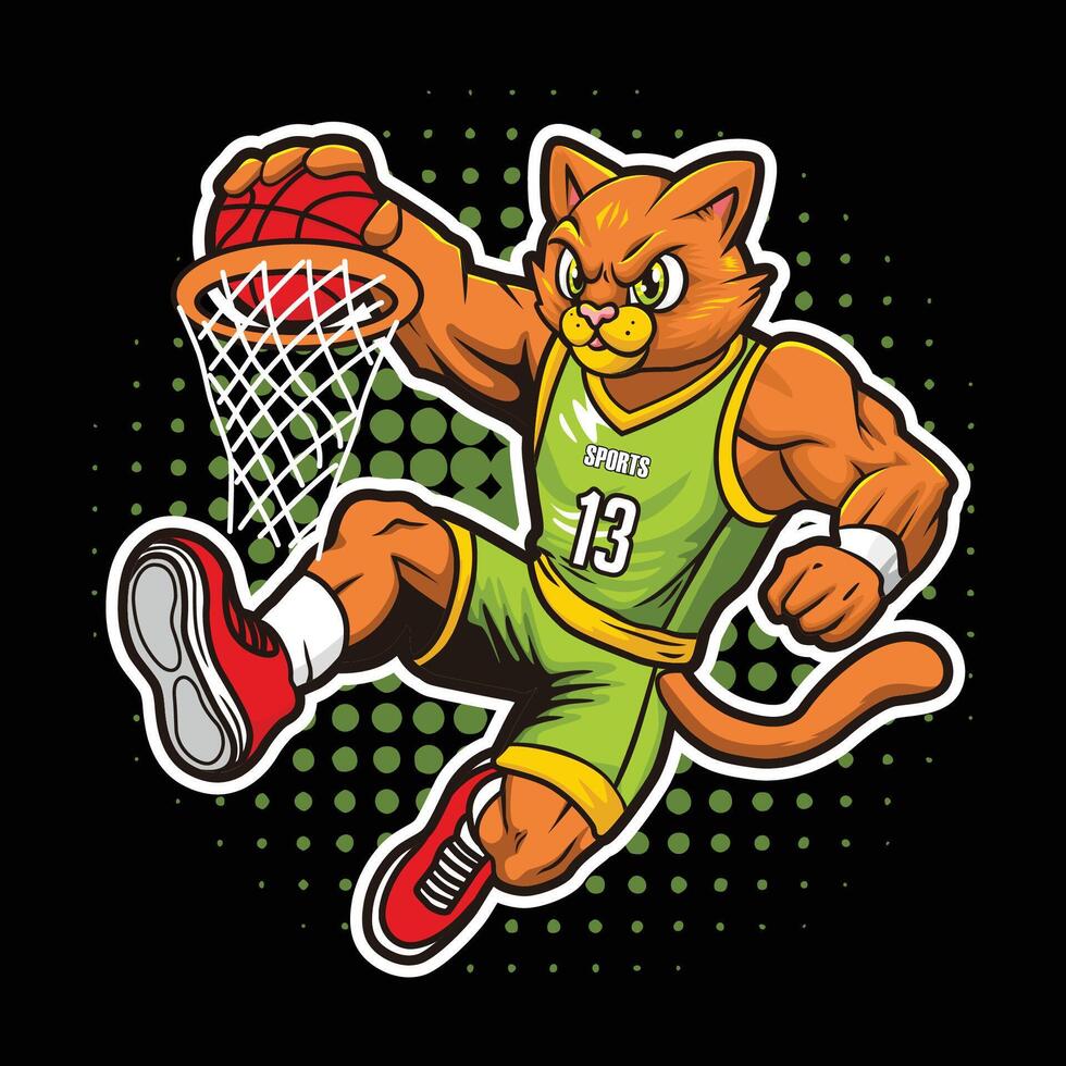gatto giocando pallacanestro illustrazione design vettore