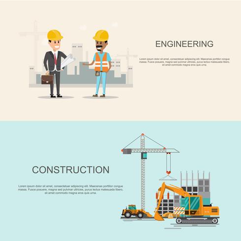 infographics Processo di lavoro del cantiere in costruzione con gru e macchine vettore